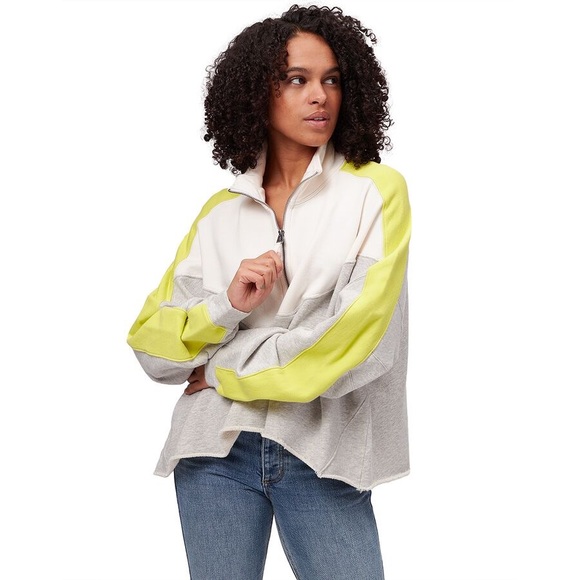 NWOT Free People Split Second Half Zip Pullover Heather Gray Combo Ivory Lime XL - Picture 1 of 15
